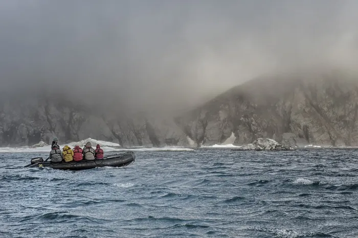 Framed Print : Tourists in an inflatable boat approaching Herald Island