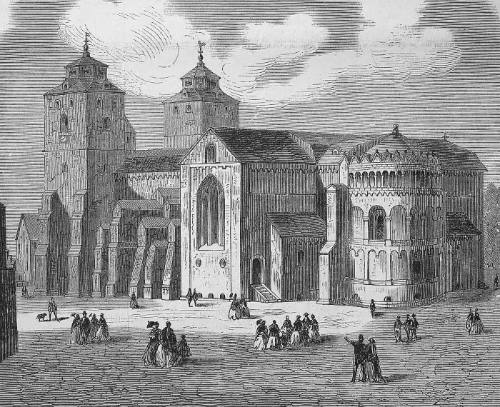 Framed Print : Tower front 1860 with Gothic window group above Romanesque portal