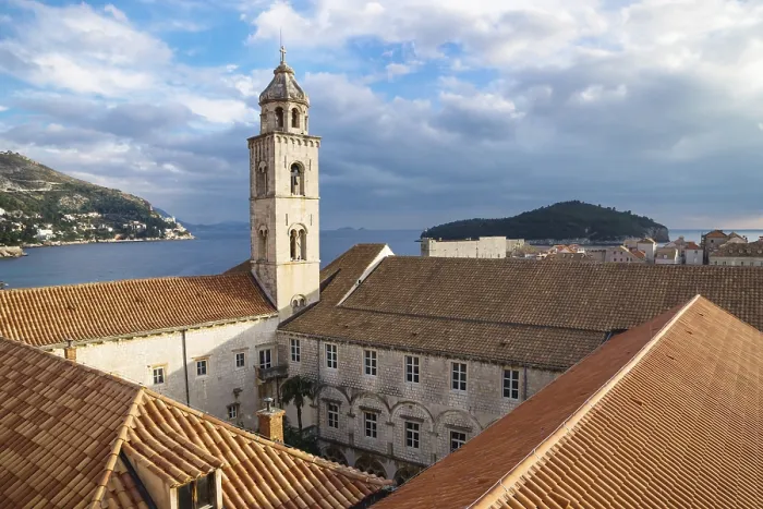 Framed Print : Tower and yard of the Dominican Monastery in Dubrovnik with ocean view Framed Print : Tower and yard of the Dominican Monastery in Dubrovnik with ocean view
