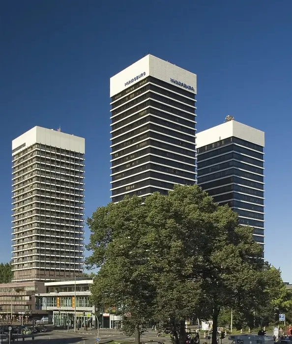 Framed Print : Towers of Mundsburg Center in Hamburg rise into the blue sky