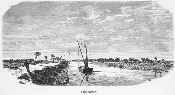 Framed Print : Towing, barge being pulled, on the Vistula or WisNa