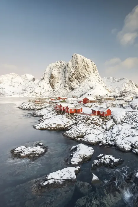 Framed Print : Town and fisherman's cabins or Rorbus in front of snowy mountains