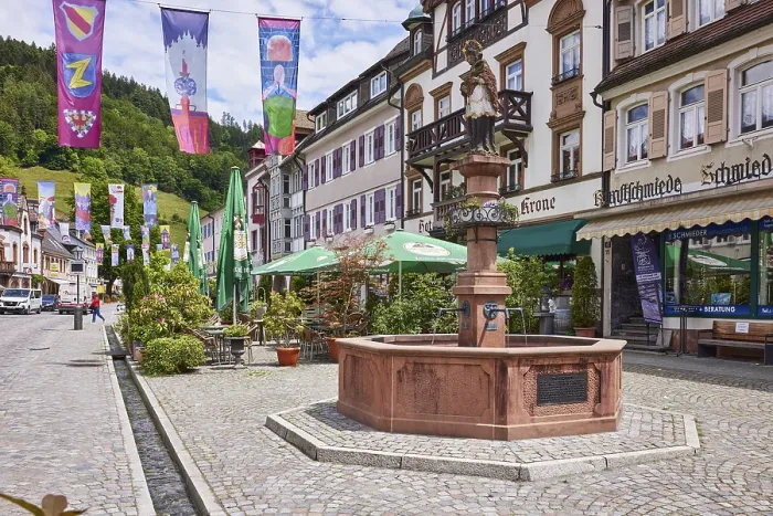Framed Print : Town fountain, historic buildings