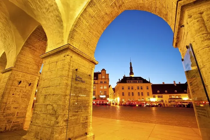 Framed Print : Town hall square, dusk, old town