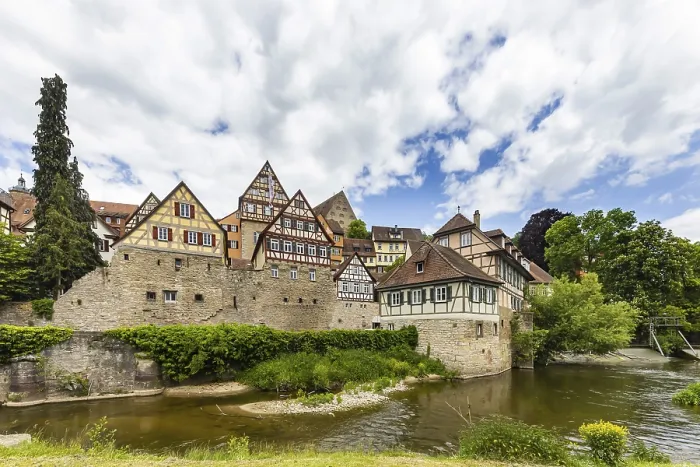 Framed Print : Town view with interesting half-timbered houses on the river Kocher