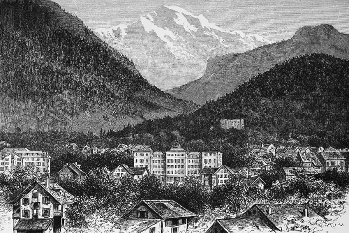Framed Print : Town view of Interlaken with view of the snow-covered Jungfrau mountain peak (4158m), travel, Alps, holiday resort, tourism, winter sports, Bernese Oberland, Switzerland, historical illustration 1885, Europe