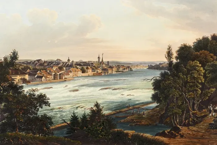 Framed Print : Town view of Schaffhausen on the Rhine, taken from Steinholz, Switzerland, view around 1830, digitally restored reproduction of a 19th century model by Johann Ludwig Bleuler (12 February 1792 - 28 March 1850), Swiss draughtsman and painter, Europe