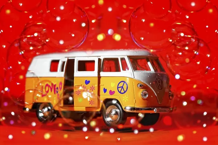 Framed Print : Toy car, VW T1, Bulli with soap bubbles