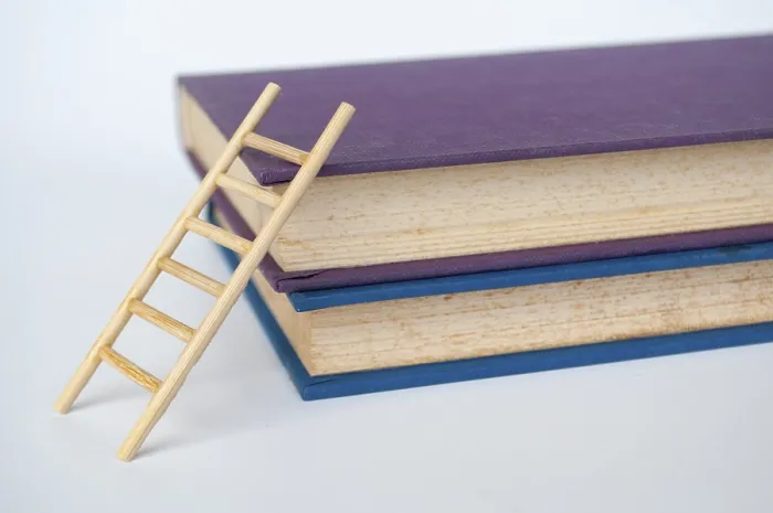 Framed Print : Toy wooden ladder next to books with white background Framed Print : Toy wooden ladder next to books with white background