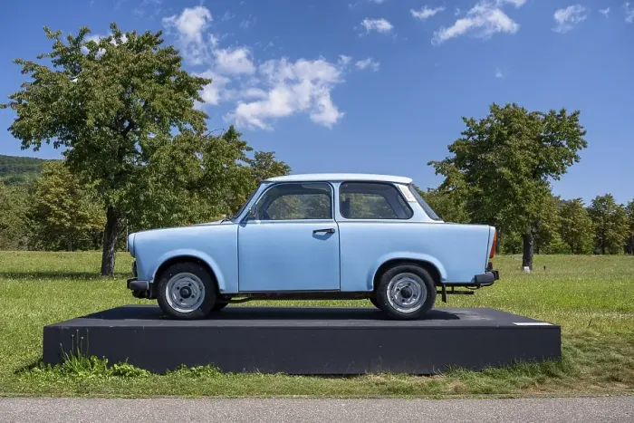 Framed Print : A Trabant 601 on a pedestal, Weil am Rhein