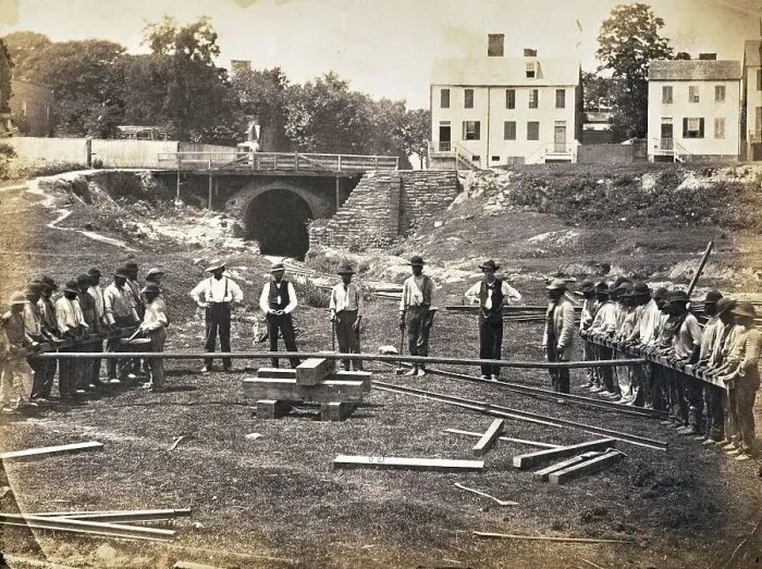 Framed Print : Track construction, workers, railway construction workers straightening rails