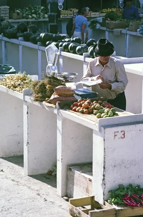 Framed Print : Trader at a traditional vegetable market, Lanzarote, Canary Islands, Spain, 1979, Europe