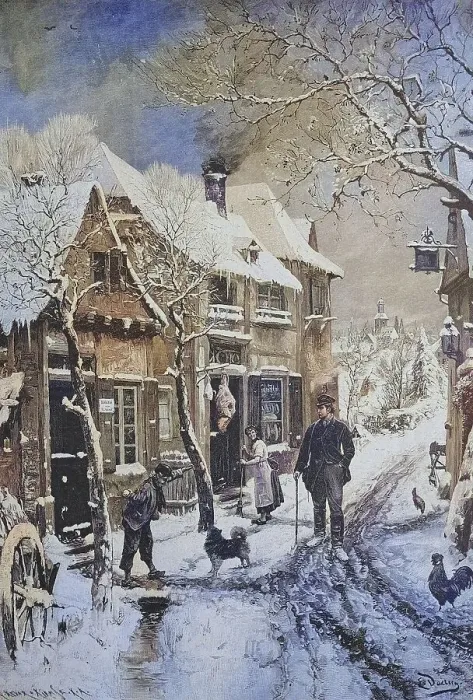 Framed Print : Tradesman wandering through a village in winter and being watched suspiciously by the inhabitants