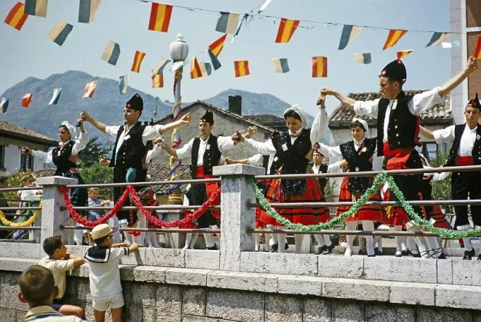 Framed Print : Traditional Asturian folk dance group from Gijon performing in a village, Asturias, northern Spain 1959