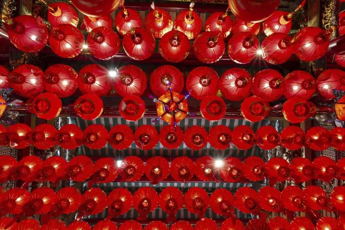 Framed Print : Traditional Chinese lanterns, numerous lanterns hanging from the ceiling