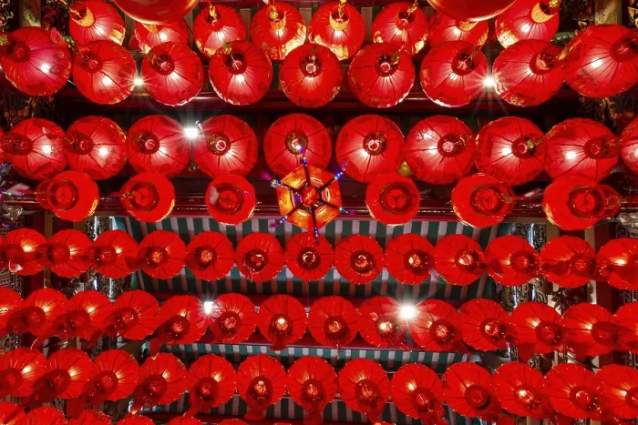 Framed Print : Traditional Chinese lanterns, numerous lanterns hanging from the ceiling