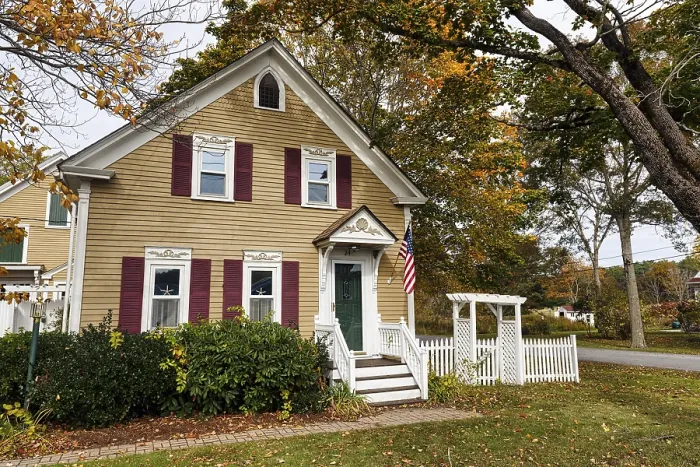 Framed Print : Traditional colonial house, fall leaves Framed Print : Traditional colonial house, fall leaves