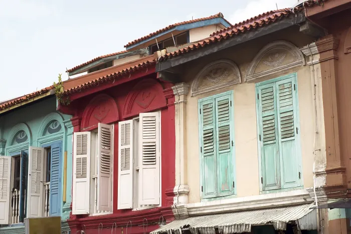Framed Print : Traditional colorful facades of houses in famous Little India district in Singapore