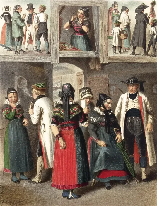 Framed Print : Traditional costumes in Germany around 1820, Province of Westphalia, people in traditional dress standing together in groups, showing various scenes from village life, digitally retouched reproduction of a model from around 1850 Framed Print : Traditional costumes in Germany around 1820, Province of Westphalia, people in traditional dress standing together in groups, showing various scenes from village life, digitally retouched reproduction of a model from around 1850