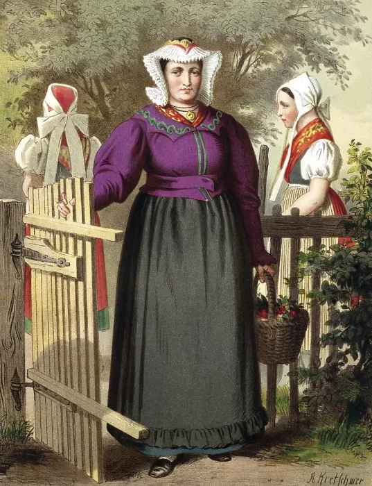 Framed Print : Traditional costumes in Germany around 1820, Province of Silesia, Tannhausen, A woman in traditional traditional costume with a fruit basket stands next to a wooden gate in a village, digitally retouched reproduction of a model from around 1850