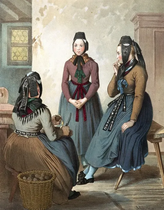 Framed Print : Traditional costumes in Germany around 1820, Rhine Province Prussia, Wetzlar, Three woman in traditional dress sitting in an interior and engrossed in conversation, digitally retouched reproduction of a model from around 1850 Framed Print : Traditional costumes in Germany around 1820, Rhine Province Prussia, Wetzlar, Three woman in traditional dress sitting in an interior and engrossed in conversation, digitally retouched reproduction of a model from around 1850