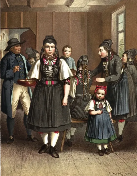 Framed Print : Traditional costumes in Germany around 1820, Grand Duchy of Hesse, Biedenkopf, group of people in traditional Bavarian traditional costume in an interior, digitally retouched reproduction of a model from around 1850