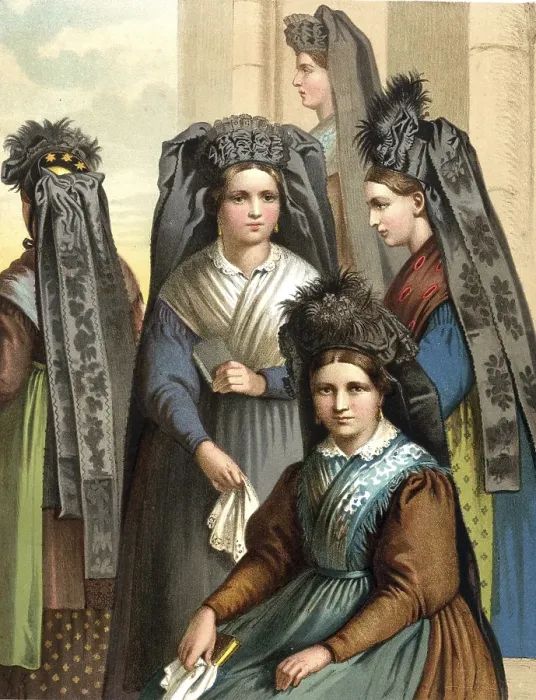 Framed Print : Traditional costumes in Germany around 1820, Thuringia, group of woman in traditional traditional costume with elaborate headdresses, digitally retouched reproduction of a model from around 1850, by Albert Kretschmer (27 February 1825) Framed Print : Traditional costumes in Germany around 1820, Thuringia, group of woman in traditional traditional costume with elaborate headdresses, digitally retouched reproduction of a model from around 1850, by Albert Kretschmer (27 February 1825)