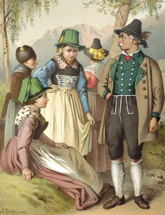 Framed Print : Traditional costumes in Germany around 1820, Bavaria, Jachenau, A group in traditional costumes relaxes in a mountain landscape, digitally retouched reproduction of a model from around 1850, by Albert Kretschmer (27 February 1825, 11 July 1891)