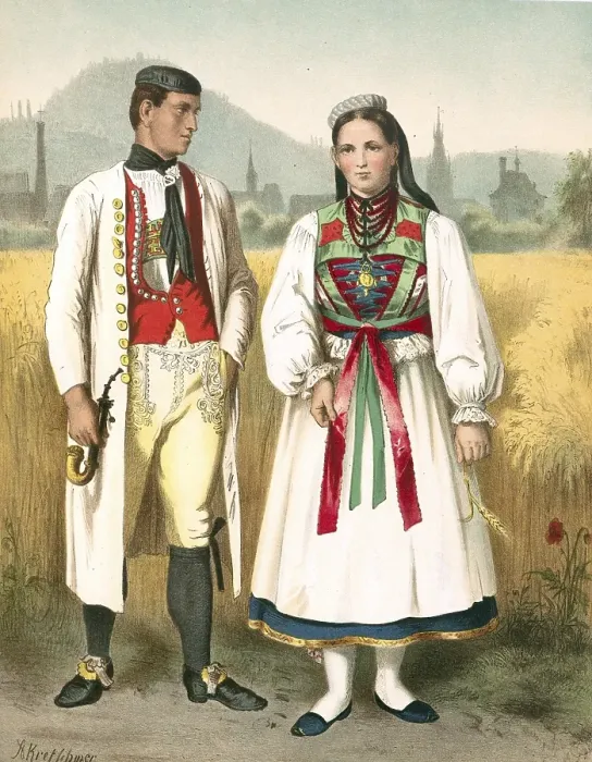 Framed Print : Traditional costumes in Germany around 1820, Wuerttemberg, Betzingen, couple in traditional traditional costume standing in a wheat field, in the background a picturesque landscape, digitally retouched reproduction of a model from around 1850