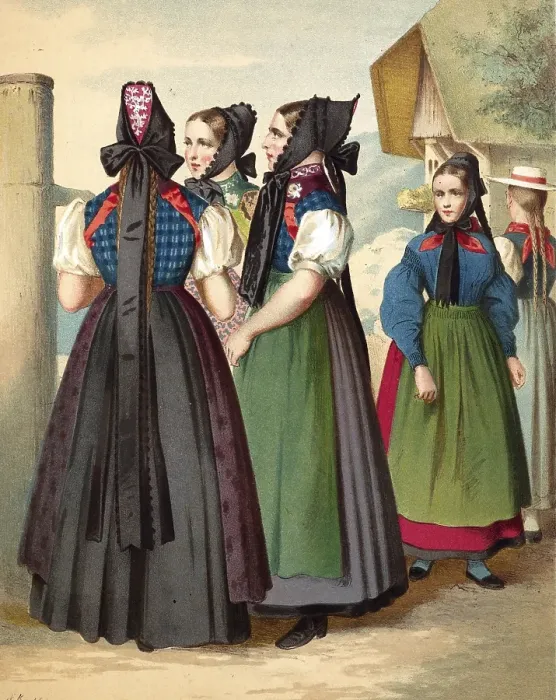 Framed Print : Traditional costumes in Germany around 1820, Baden, Simonswald, Waldkirch, Donaueschingen, woman in traditional traditional costume with headscarves in front of a village building, digitally retouched reproduction of a model from around 1850 Framed Print : Traditional costumes in Germany around 1820, Baden, Simonswald, Waldkirch, Donaueschingen, woman in traditional traditional costume with headscarves in front of a village building, digitally retouched reproduction of a model from around 1850