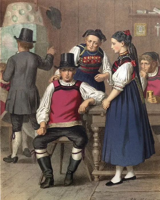 Framed Print : Traditional costumes in Germany around 1820, Baden, Rickesbach, young people in traditional traditional costume in a warm interior with a stove, digitally retouched reproduction of a model from around 1850, by Albert Kretschmer (27 February 1825) Framed Print : Traditional costumes in Germany around 1820, Baden, Rickesbach, young people in traditional traditional costume in a warm interior with a stove, digitally retouched reproduction of a model from around 1850, by Albert Kretschmer (27 February 1825)