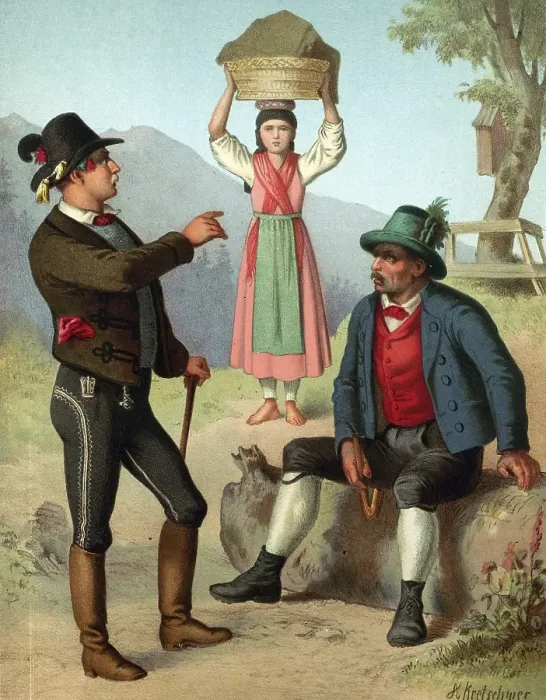 Framed Print : Traditional costumes in Germany around 1820, Austria, Salzkammergut, A man and a woman in traditional traditional costume in a rural setting, woman carrying a basket on her head, digitally retouched reproduction of a model from around 1850 Framed Print : Traditional costumes in Germany around 1820, Austria, Salzkammergut, A man and a woman in traditional traditional costume in a rural setting, woman carrying a basket on her head, digitally retouched reproduction of a model from around 1850