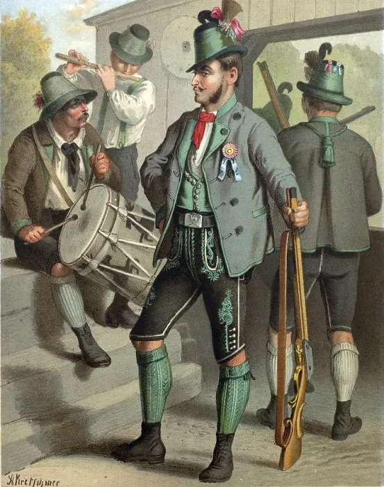 Framed Print : Traditional costumes in Germany around 1820, Austria, Styria, men in traditional traditional costume playing music and holding a rifle, in a traditional setting, digitally retouched reproduction of a model from ca Framed Print : Traditional costumes in Germany around 1820, Austria, Styria, men in traditional traditional costume playing music and holding a rifle, in a traditional setting, digitally retouched reproduction of a model from ca