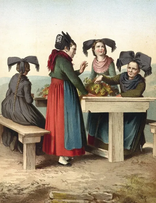 Framed Print : Traditional costumes in Germany around 1820, Baden, Stauffen and Muellheim, Four woman in traditional traditional costume standing around a table and tying bouquets of flowers, digitally retouched reproduction of a model from around 1850