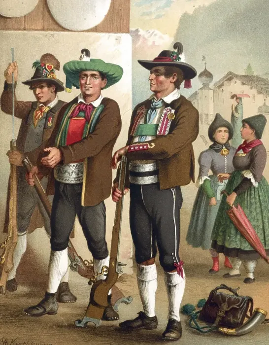 Framed Print : Traditional costumes in Germany around 1820, Tyrol, Oetztal, Wipptal, Pustertal, Three men in traditional Tyrolean costumes in front of a mountainous landscape, digitally retouched reproduction of a model from around 1850