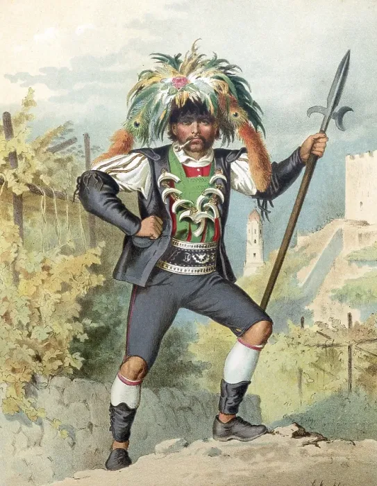 Framed Print : Traditional costumes in Germany around 1820, Tyrol, wine keeper in Merano, man in colourful traditional costume with headgear and spear in front of a castle ruin, digitally retouched reproduction of a model from around 1850