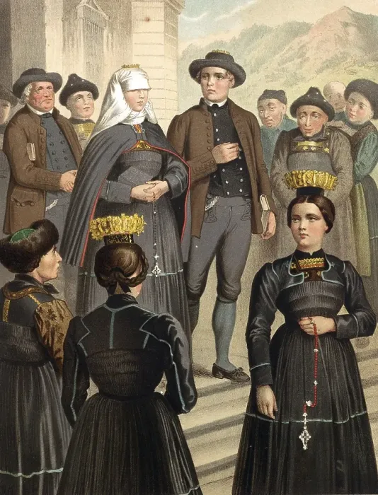 Framed Print : Traditional costumes in Germany around 1820, Vorarlberg, Bregenzerwald, people in traditional costumes at a religious ceremony in front of a church, digitally retouched reproduction of a model from around 1850 Framed Print : Traditional costumes in Germany around 1820, Vorarlberg, Bregenzerwald, people in traditional costumes at a religious ceremony in front of a church, digitally retouched reproduction of a model from around 1850