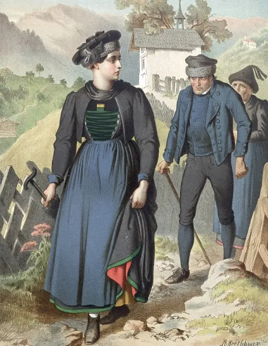 Framed Print : Traditional costumes in Germany around 1820, Vorarlberg, Klostertal, woman with hammer and two men in traditional costumes in a rural setting, digitally retouched reproduction of a model from around 1850, by Albert Kretschmer (27 February 1825)