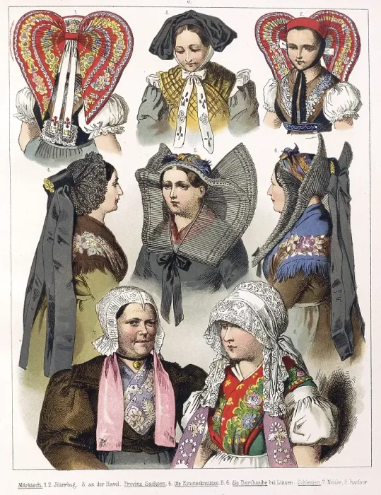 Framed Print : Traditional costumes in Germany around 1820, woman's headdresses, woman with traditional headdresses and bonnets in regional costumes, digitally retouched reproduction of a model from around 1850, by Albert Kretschmer (27 February 1825) Framed Print : Traditional costumes in Germany around 1820, woman's headdresses, woman with traditional headdresses and bonnets in regional costumes, digitally retouched reproduction of a model from around 1850, by Albert Kretschmer (27 February 1825)