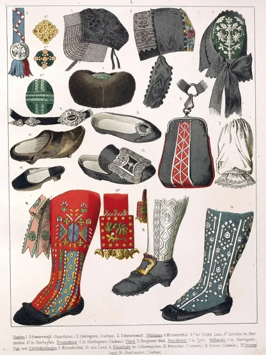 Framed Print : Traditional costumes in Germany around 1820, Shoes, boots and caps, Traditional shoes, boots and accessories, richly decorated with patterns and details, digitally retouched reproduction of a model from ca Framed Print : Traditional costumes in Germany around 1820, Shoes, boots and caps, Traditional shoes, boots and accessories, richly decorated with patterns and details, digitally retouched reproduction of a model from ca