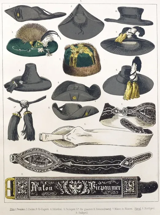 Framed Print : Traditional costumes in Germany around 1820, details such as hats and belts, various traditional hats with feathers and decorations as well as decorative belt buckles, digitally retouched reproduction of a model from around 1850 Framed Print : Traditional costumes in Germany around 1820, details such as hats and belts, various traditional hats with feathers and decorations as well as decorative belt buckles, digitally retouched reproduction of a model from around 1850