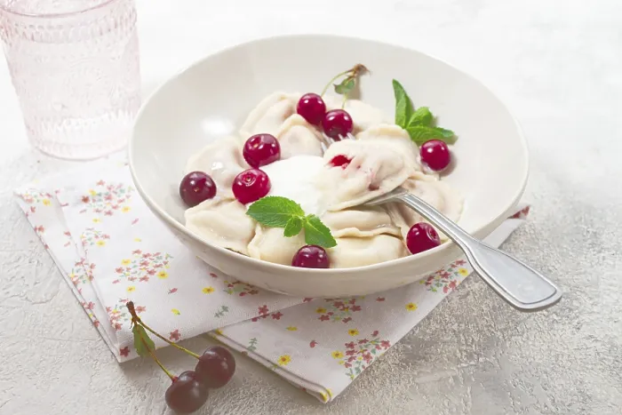 Framed Print : Traditional dumplings with cherries and yogurt Framed Print : Traditional dumplings with cherries and yogurt