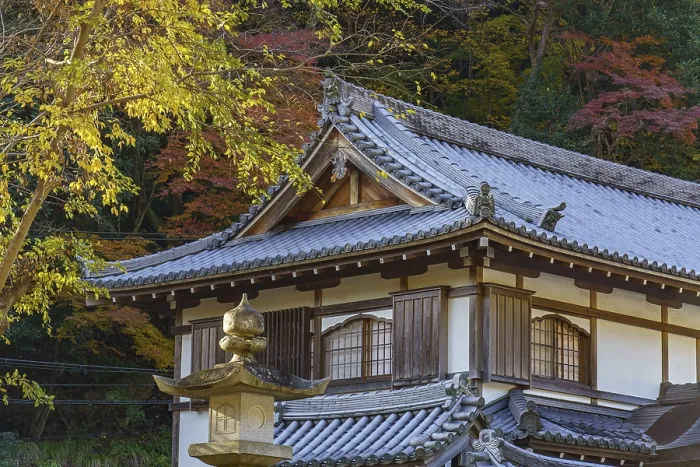 Framed Print : A traditional Japanese temple roof with stone lantern and colorful autumn leaves