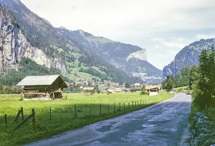Framed Print : Traditional Swiss buildings on the valley floor, village in the Lauterbrunnen Valley, Canton of Bern, Switzerland, Europe, 1963, Europe
