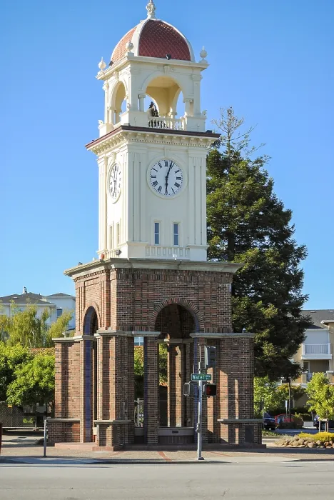 Framed Print : Traditional white and brick clock tower architecture in downtown Santa Cruz