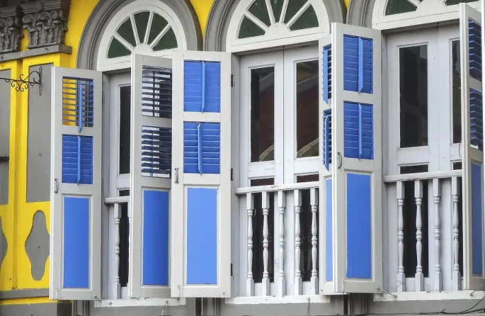 Framed Print : Traditional windows with colorful shutters and colonial architecture Framed Print : Traditional windows with colorful shutters and colonial architecture