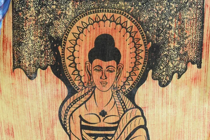 Framed Print : Traditional woodcut of a Buddha with detailed background