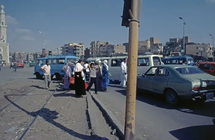 Framed Print : Traffic jam by railway, Suez, Red Sea, Egypt, September 1989, vintage, retro, old, historical, Africa
