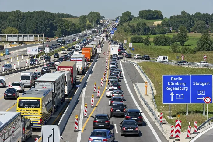 Framed Print : Traffic jam at roadworks at Neufahrn motorway junction