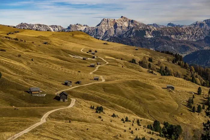 Framed Print : Trail with alpine huts and South Tyrolean mountains